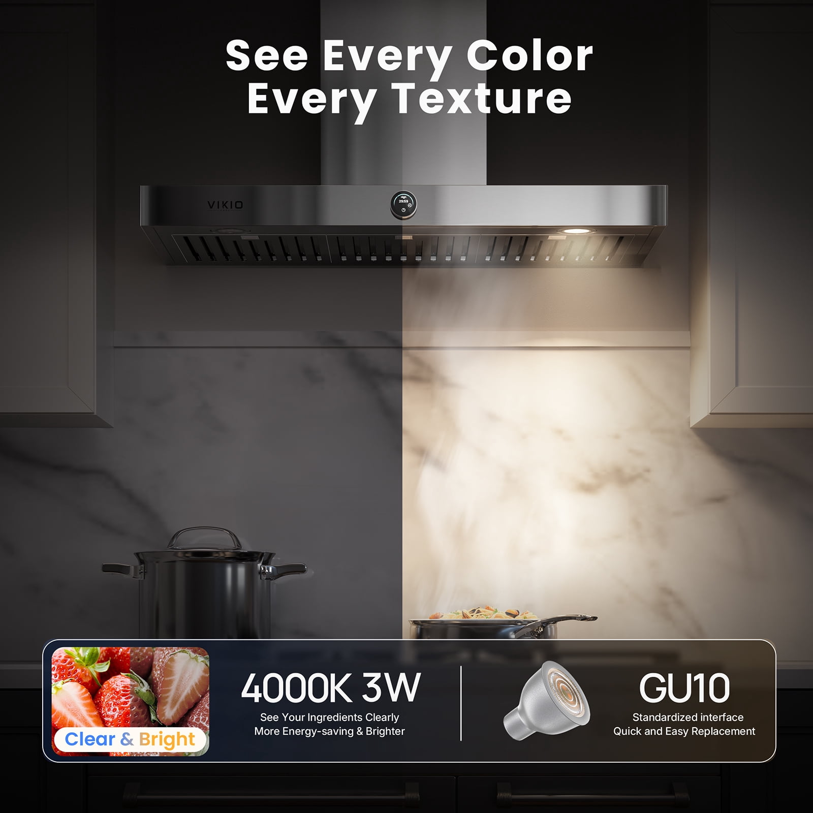 VIKIO 30 inch Wall Mount Range Hood in Stainless Steel, 800 CFM, Convertible Ductless, 3-Ways Venting, 2-Baffle Filters, Rotary Dial