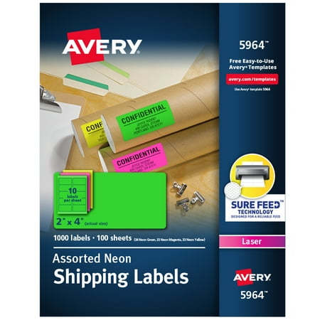 UPC: 0072782059644 | Avery 2 x 4  Neon Shipping Labels with Sure Feed for Laser Printers  Assorted: Green  Pink  Yellow Labels  1 000 Neon Labels (5964)