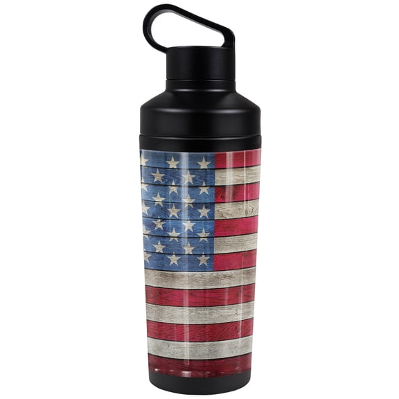 Wooden American Flag 18 oz Insulated Water Bottle, Leak Resistant, Vacuum Insulated Stainless Steel with 2-in-1 Loop Cap
