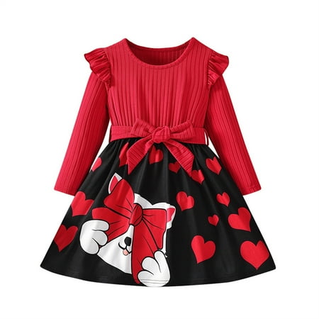 

TAIAOJING Toddler Casual Dress Kids Long Sleeve Ribbed Patchwork Bowknot Cute Cartoon Princess Dress Outfits 5-6 Years