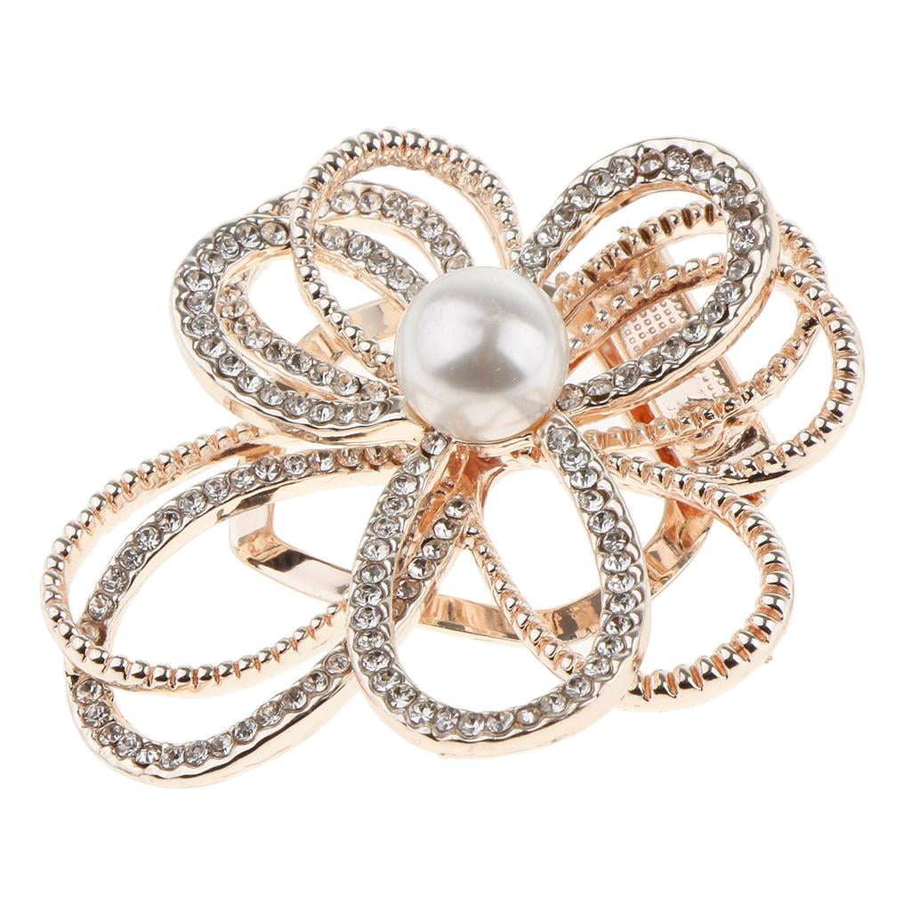 Segolike 4xCrystal Flower with Imitation Pearl Scarf Buckle Brooch 2 in 1 Gold 4 Pcs