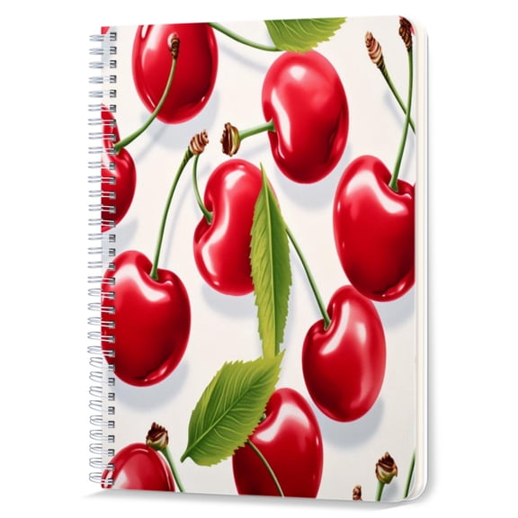 Spiral Notebook,Double-Wire Spiral College Lined Journal Notebook for Study and Notes,100 Pages,5.71x 8.26 in - Cherry Pattern with Green Leaves