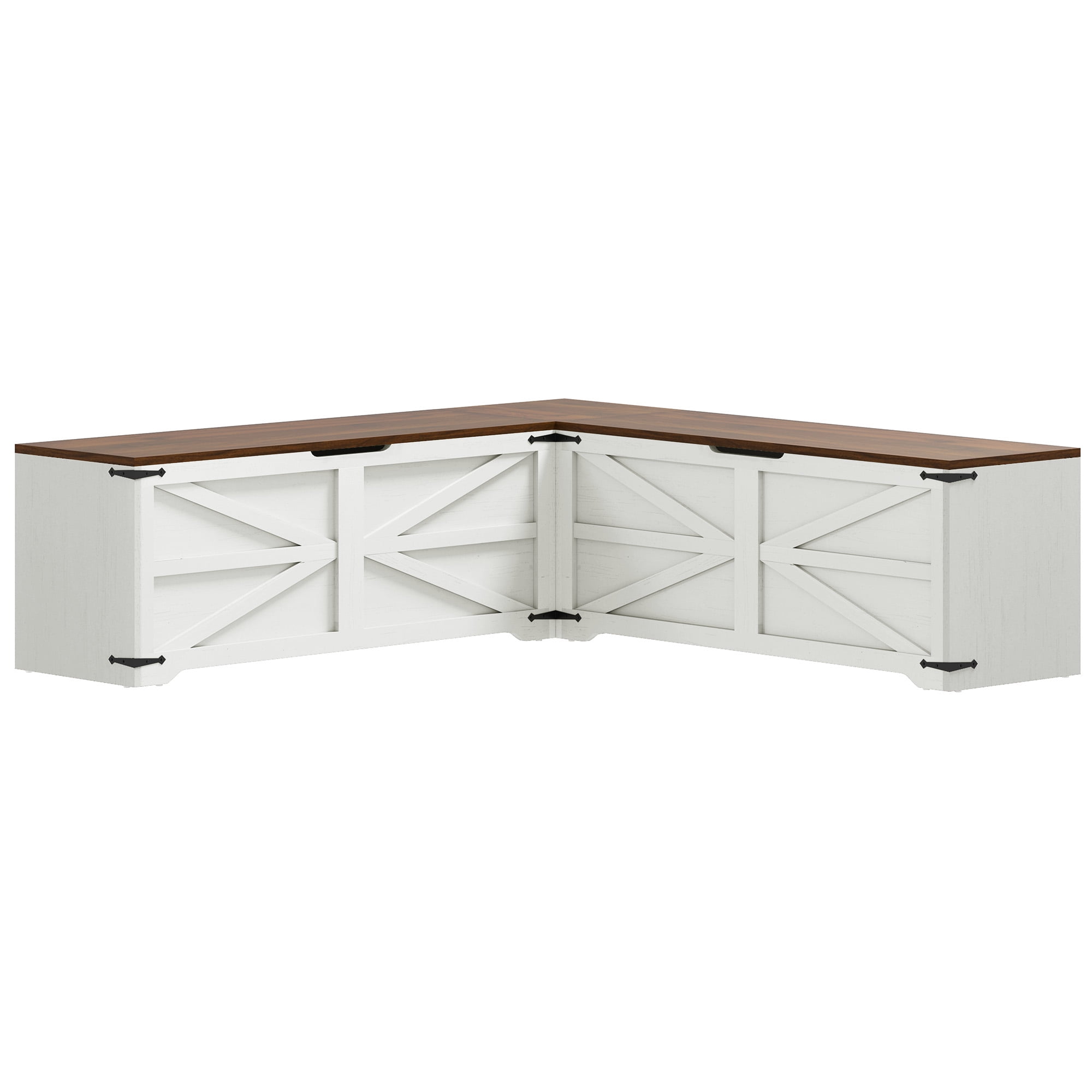 Uforic L-Shaped Wood Farmhouse Storage Chest,Nook Corner Bench with Storage - White & Brown