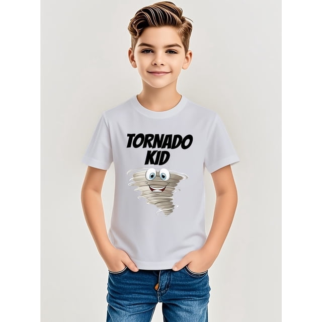 Camiseta informal con estampado de dibujos animados de tornado para niño: manga corta, cuello redondo, ideal para deportes de verano al aire libre, ideal como regalo.