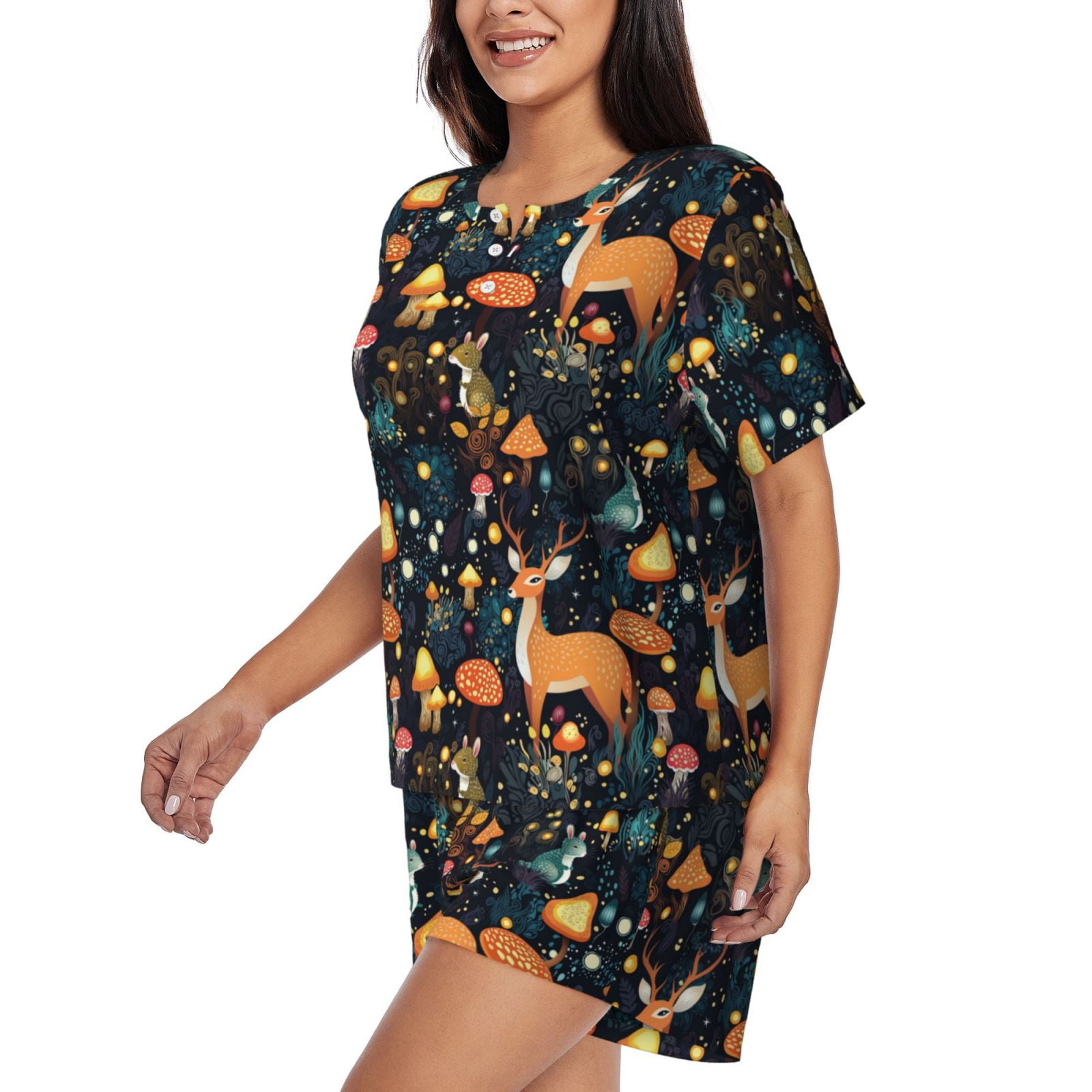 Rateoe Forest Elf Pattern Women's Short-Sleeved Pajama Set - 2 Piece Soft and Lightweight Sleepwear Set-XX-Large