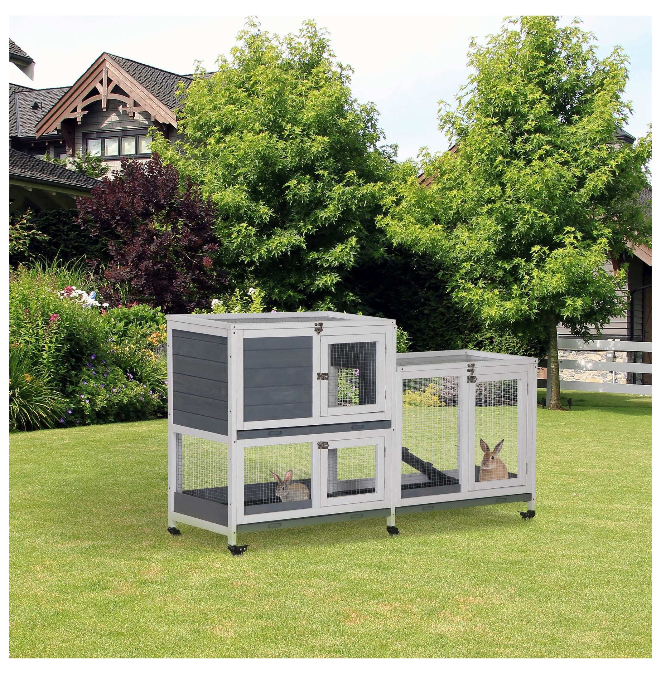 Indoor Rabbit Hutch, Wooden Bunny Cage, 2-Story Pet House with Lockable Doors & Ramp, Elevated Design, Easy Clean Tray, Gray