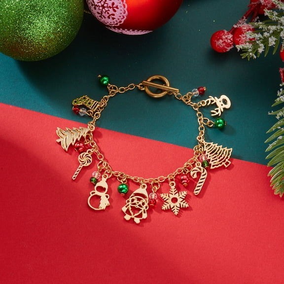 PRIYAL Charming Christmas Bracelet - Cute Cartoon Style with Christmas Tree, Candy, Bell & Garland Pendants - Golden-Tone Chain with Red & Green Beads & Accents