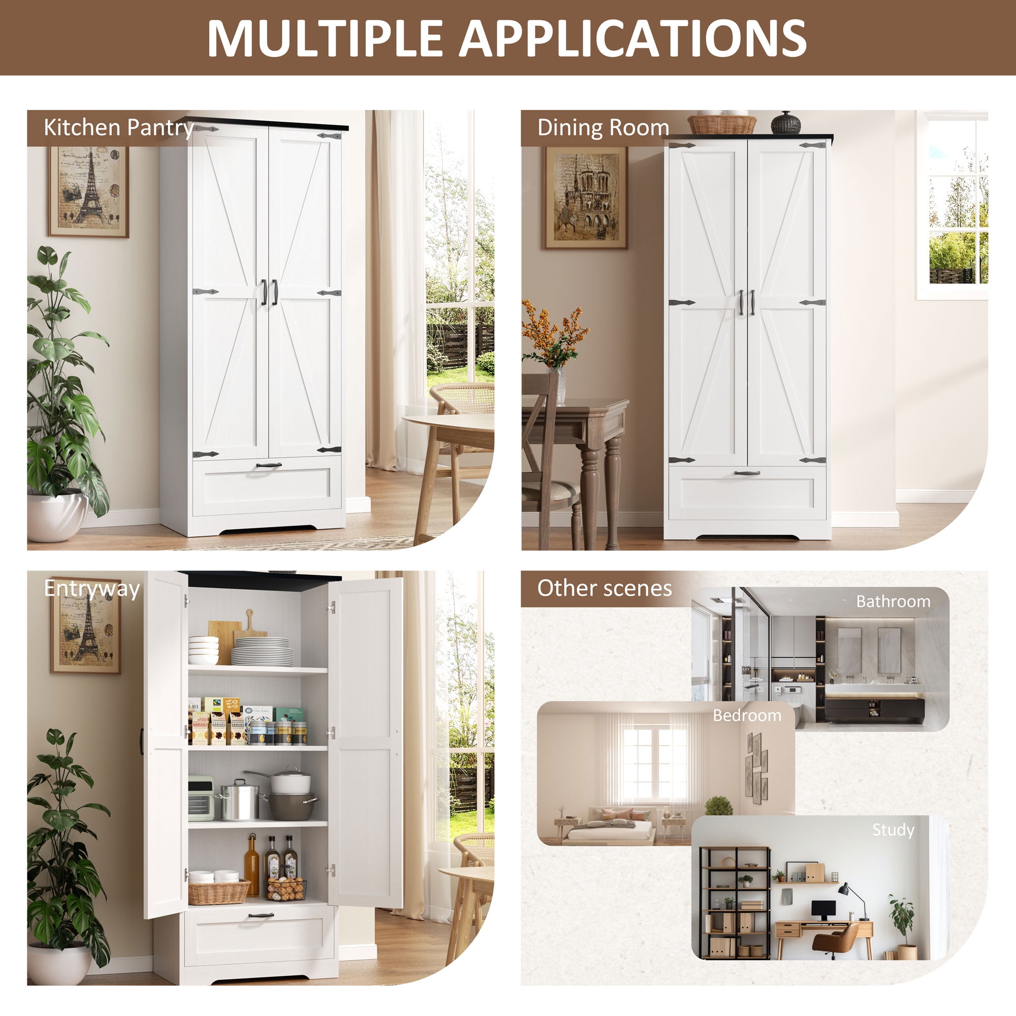 Walsunny 65 Kitchen Pantry Cabinet Freestanding Farmhouse Storage Cabinet with 4 Shelves and 1 Drawer Tall Cupboard White
