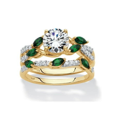 - Round Cubic Zirconia and Created Emerald 2-Piece Twisted Vine Wedding Set 2.35 TCW in 18k Gold over Sterling Silver