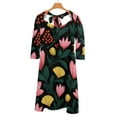 thumbnail image 6 of Floral Pattern Dark Background Pink Yellow Flare Dress Square Neck Dress Elegant Female Fashion Printed Dress, 6 of 9