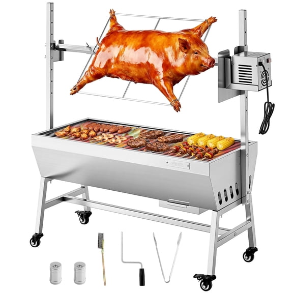 VEVOR Rotisserie Grill, 38W BBQ Outdoor Pig & Lamb Spit Roaster, Charcoal Spit Roaster with 132 LBS Capacity, Wheels & 7-Level Height,Stainless Steel Electric Rotisserie Grill Kit for Camping Outdoor