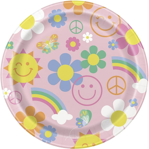 Unique 25515 Paper Plates-23 cm-Groovy Birthday Party-8 Count (Pack of 1), Multicolour