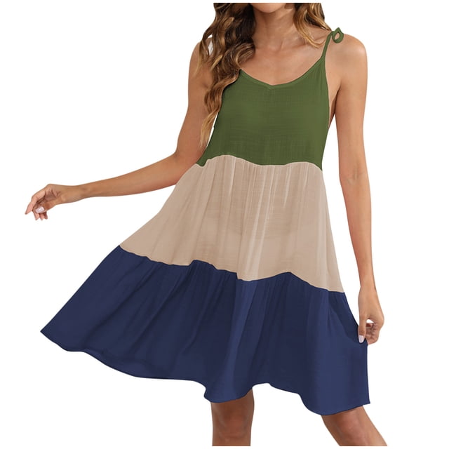 Penkiiy Robe Décontractée Ample Sans Manches pour Plage Vacances Col en U Mode Douce TG Vert