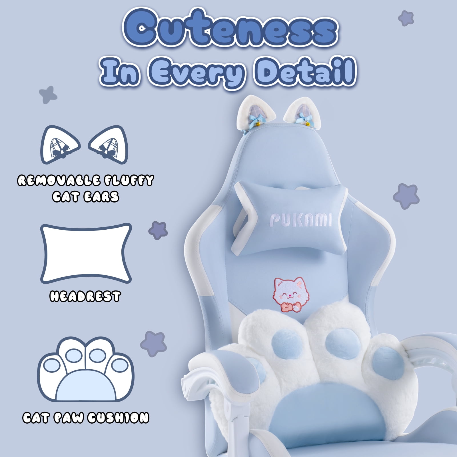 BOSSIN Gaming Chair,Ergonomic Computer Chair for adult with Cat Paw Lumbar Cushion and Cat Ears