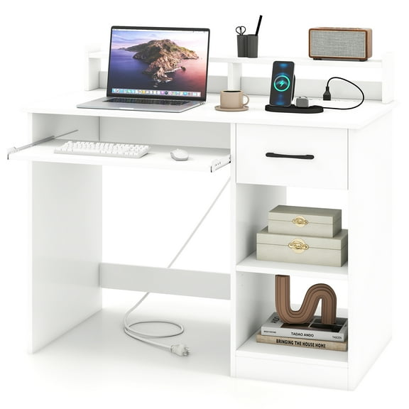 Topbuy Home Office Desk w/ Built-in Charge Station Computer Desk w/ Drawer & Adjustable Shelf