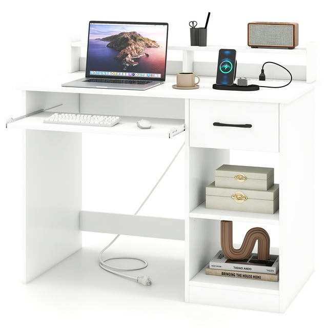 Patiojoy Home Office Desk w/ Built-in Charge Station Computer Desk w/ Drawer & Adjustable Shelf