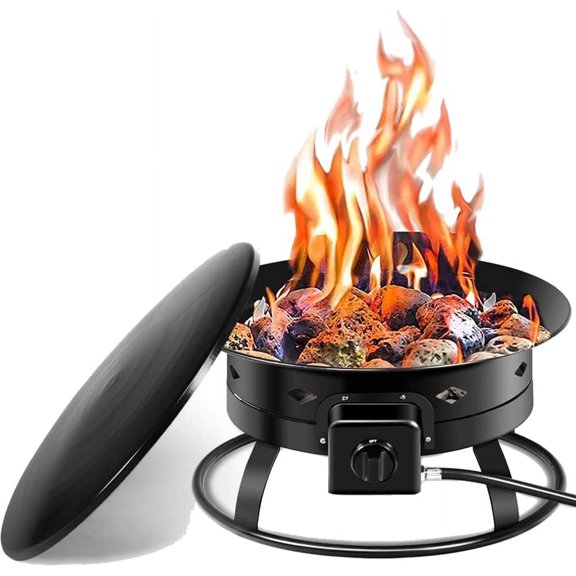 WYDK 19” Gas Fire Pit Bowl, 58,000BTU Portable Propane Fire Pit w/Cover Lava Rock Stone, Tank Stabilizer Ring & Carry Kit, Gas Fire Bowl for Patio Camping Backyard Party