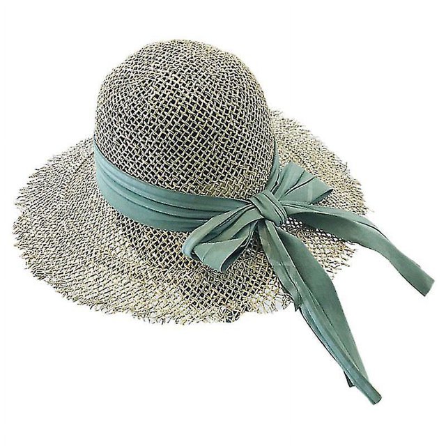 Gray Las mujeres ahuecan hacia fuera el sombrero tejido de paja para el sol borlas de ala ancha Bowknot cinta gorra de playa