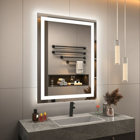 Apmir LED Bathroom Mirror Rectangle with Lights Super Bright Anti-Fog Vanity in Tempered Glass Modern Style 32x24 inch