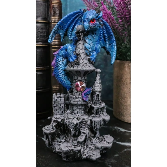 Small Blue Guardian Dragon Protecting Rhinestone Rock Crystal Castle Figurine