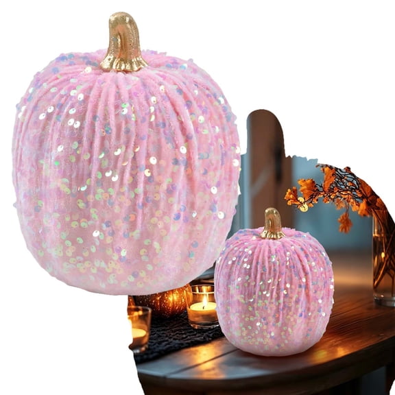 Pink Velvet Pumpkin Decor, Sequined Artificial Foam Pumpkin, 1 PC Fall, Thanksgiving & Halloween Table Centerpiece for Farmhouse Home Decor (Size Optional)