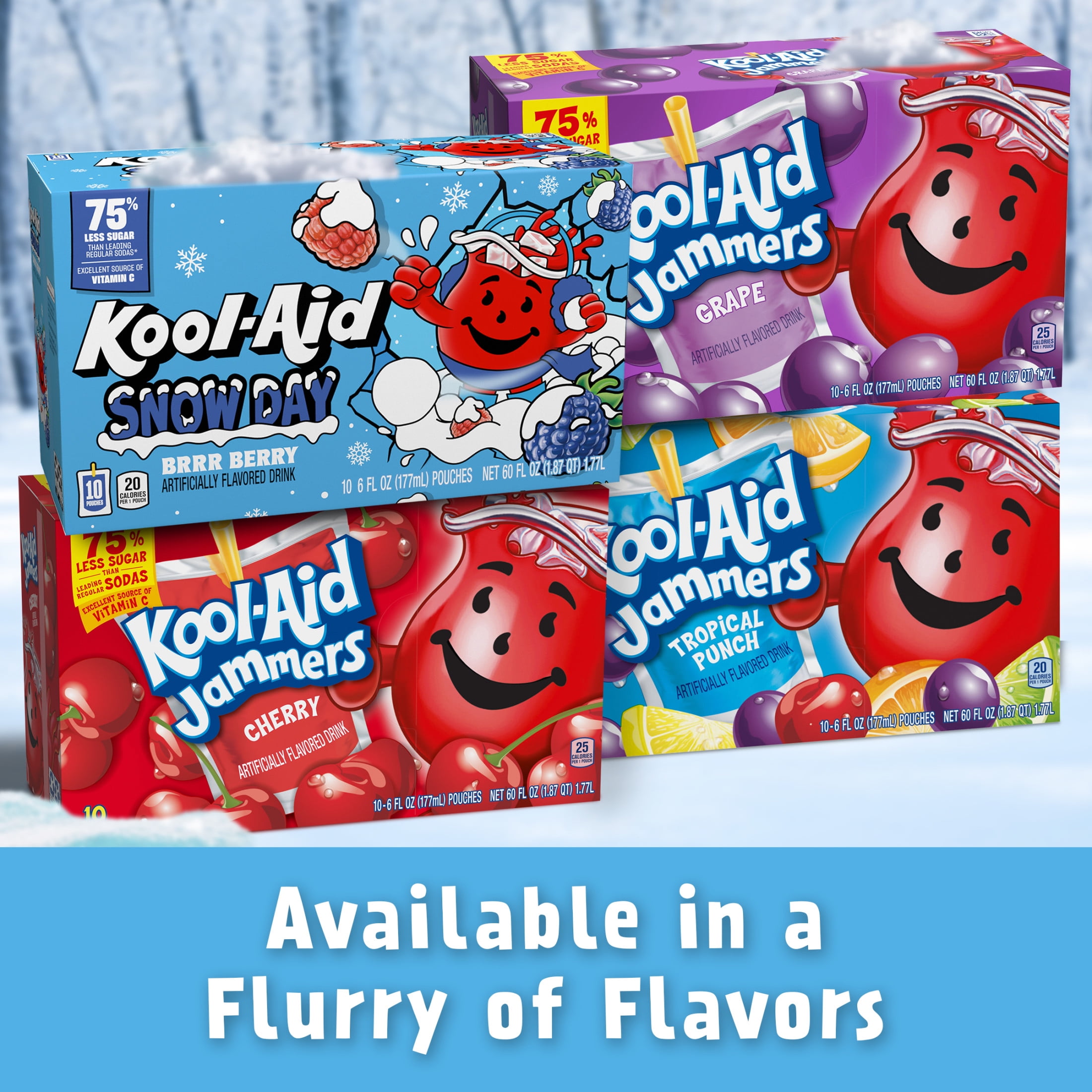 (4 pack) Kool-Aid Snow Day Artificially Flavored Drink, 10 Pouches, for School Lunches and On-the-Go Hydration, Brrr Berry Artificially Flavored, Excellent Source of Vitamin C, 6 fl oz