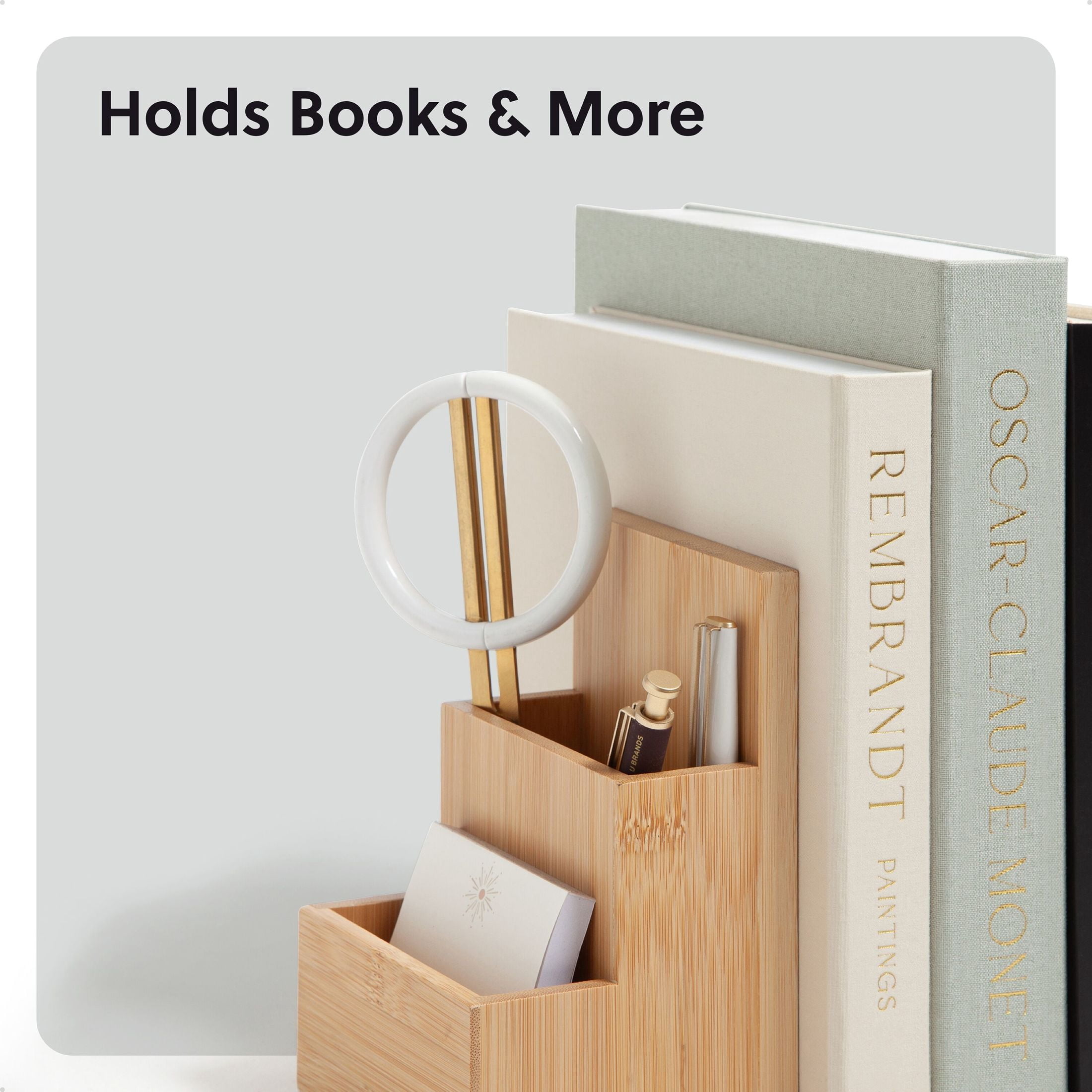 U Brands Zen Storage Bookends, Set of 2, 6.2 x 3.9 x 6.2 in., Bamboo, Pencil Cup, Mid-Century