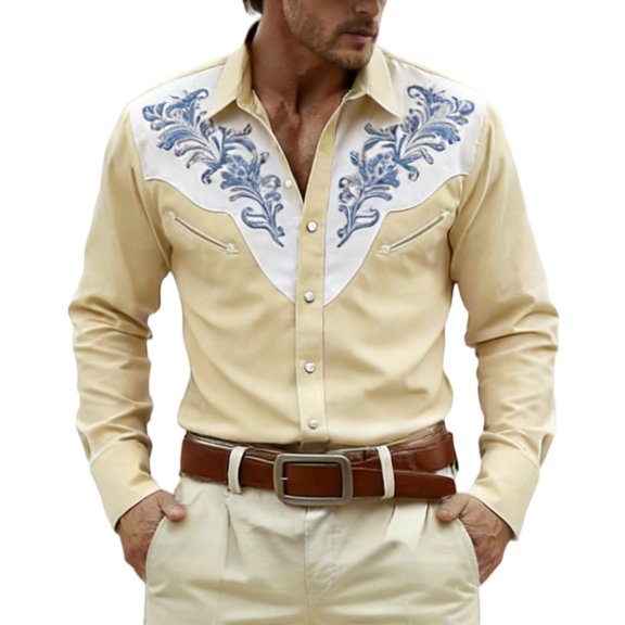 CONZONE Carnival Mens Buttons Down Shirts Long Sleeve Shirts For Men Trendy Western Cowboy Embroidery Lapel Soft Lightweight Tops