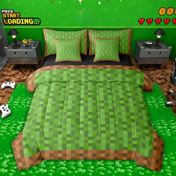 Feelyou Square Pixelate Miner Twin Bedding Sets 7pcs, Retro Video Gaming Comforter Set