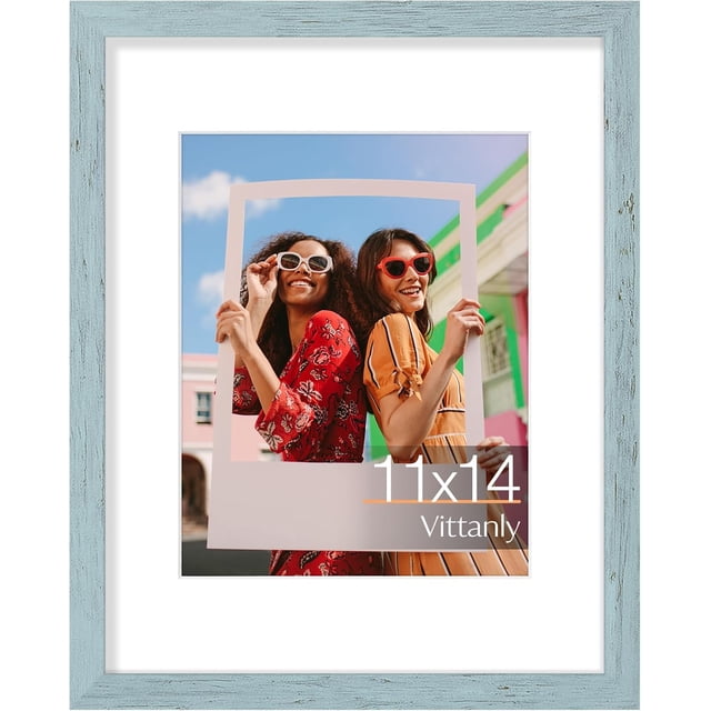 Vittanly 11x14 Picture Frame, Display Pictures 8x10 with Mat or 11x14 without Mat, Photo Frame for Wall or Table Top Display, Rustic Blue, 1 Pack