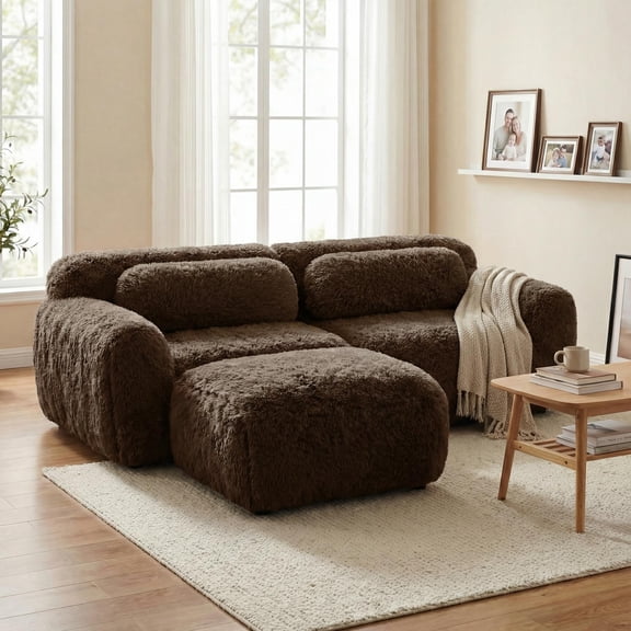 FurnitureR Modular Sectional Sofa with Ottoman, Ultra-Soft Plush Fabric Cloud Couch, 2-Seater Modern Comfy Sofa with Non-Slip Base, No Assembly Required, Chocolate