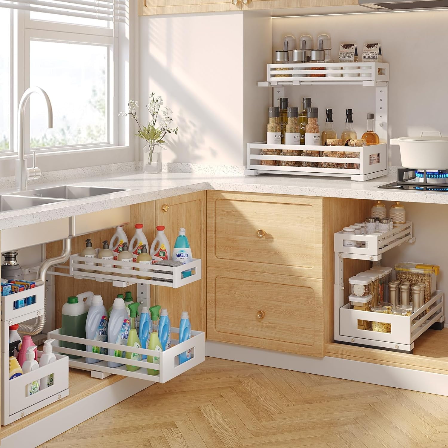 2-Pack Under Sink Organizers and Storage,2-Tier L Shape Pull Out Cabinet Organizer With Round Tube Slide Rails,Hight Adjustable Slide Out Drawers for Kitchen&Bathroom,Multi-Purpose StorageShelf-White