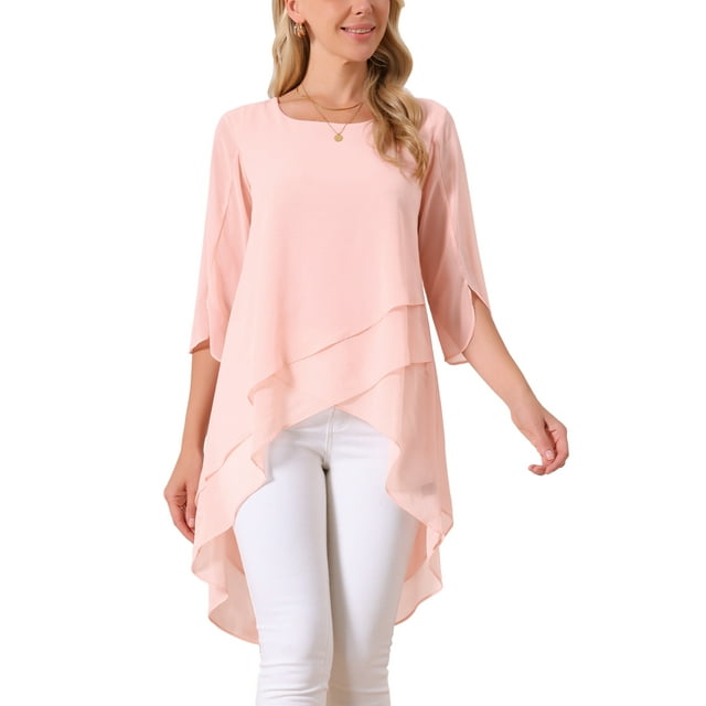 INSPIRAR CHIC Blusa de Chifón Asimétrica de Cuello Redondo para Mujer con Mangas de 3/4 y Volantes en Color Rosa Talla M