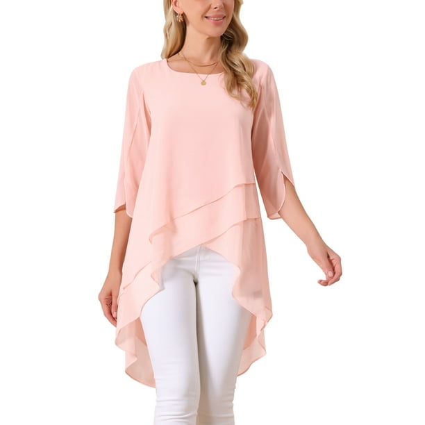 INSPIRAR CHIC Blusa de Chifón Asimétrica de Cuello Redondo para Mujer con Mangas de 3/4 y Volantes en Color Rosa Talla M