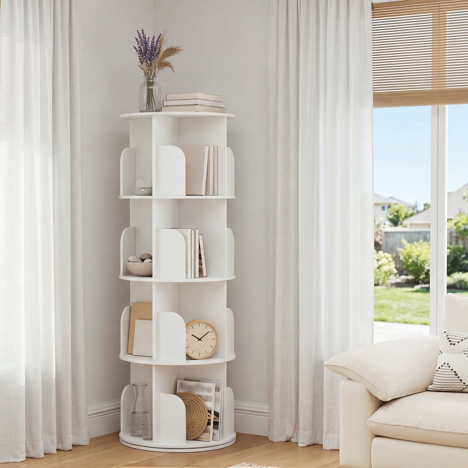 CONCETTA 4-Tier Rotating Bookshelf, 360° Spinning Bookcase with Safety Guard, Space-Saving PVC Storage for Bedroom, White