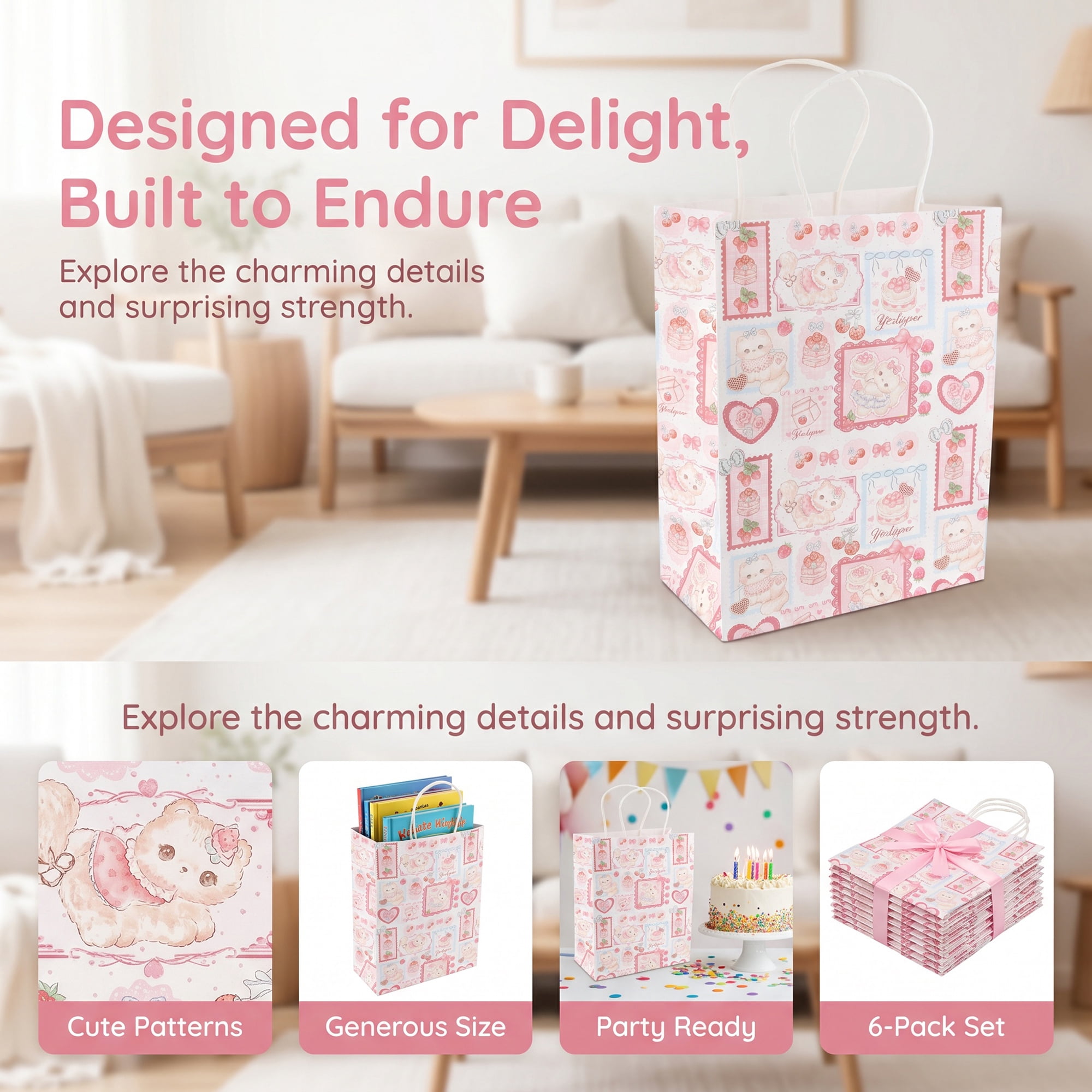 Unique Bargains 6Pcs Thick Cartoon Paper Gift Bags with Handles Cherry 8.3" x 4.3" x 10.6"