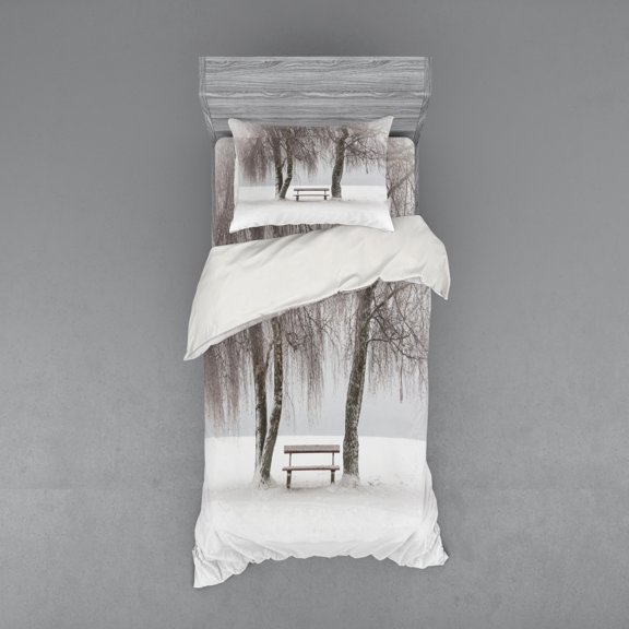 Ambesonne Winter Bedding Set 3 Pcs, Bench Trees Snowflakes, Twin XL, White Brown