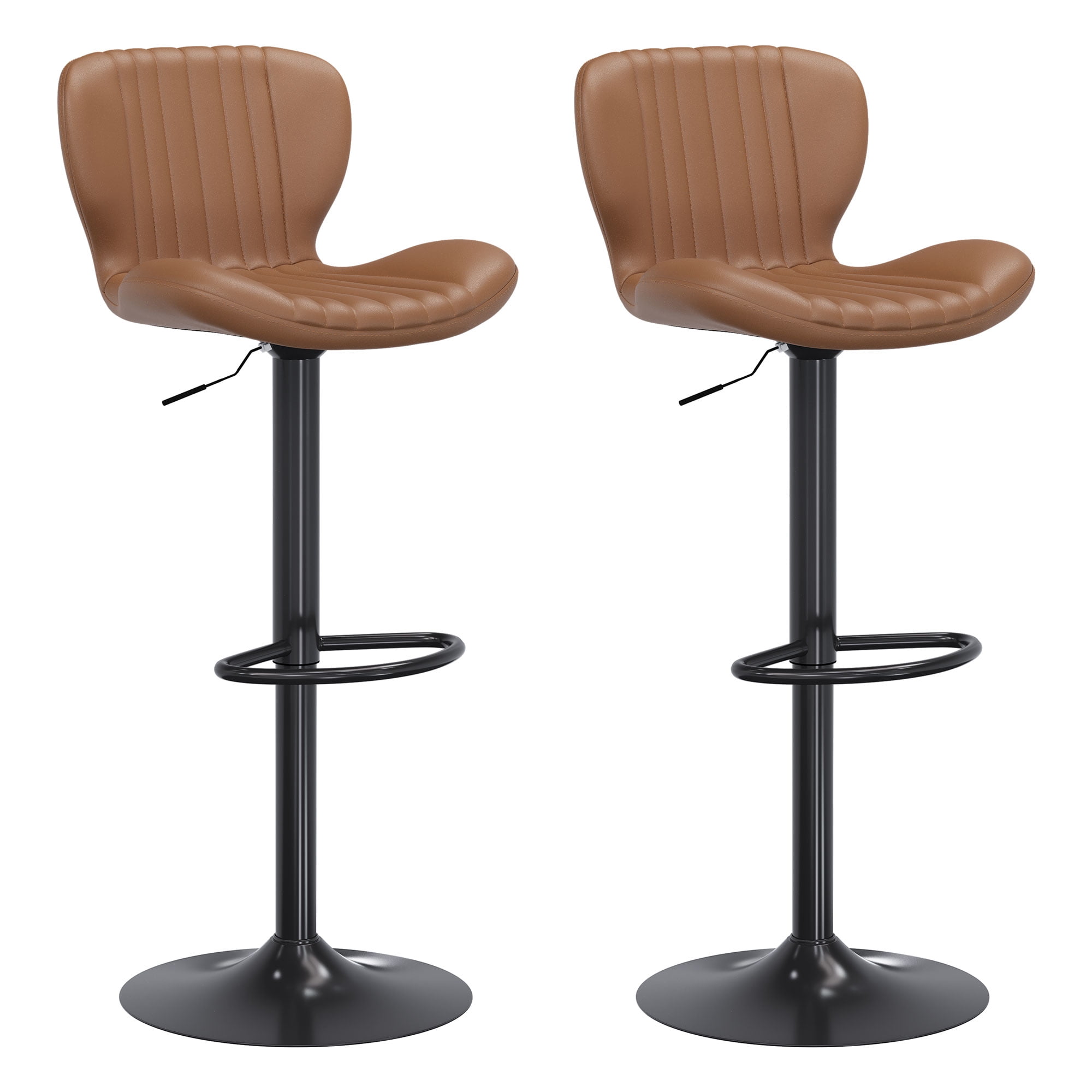 Walsunny Adjustable Bar Stools Set of 2 Leather Upholstered Swivel Counter Stools Counter Height Bar Stools with Large Base, Room Bar, Brown