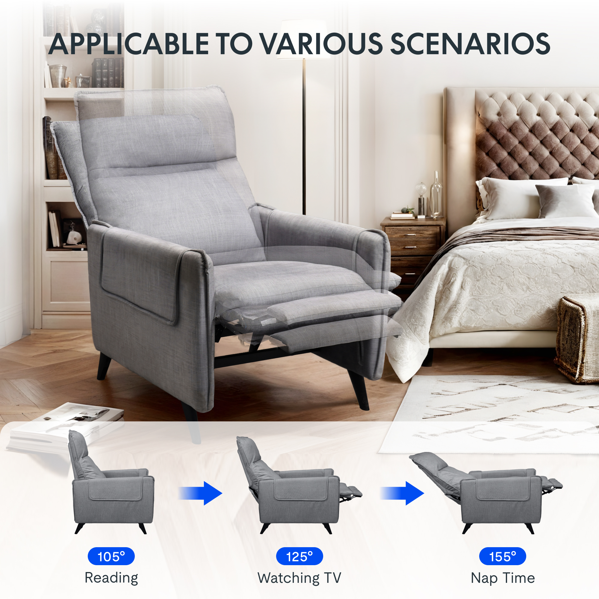 FlexiSpot Massage Push Back Recliner Chair for Living Room, Single Reclining Sofa Chair,Width 22",Small Recliners for Small Spaces,Comfortable flannel fabric with a lustrous feel,Gray