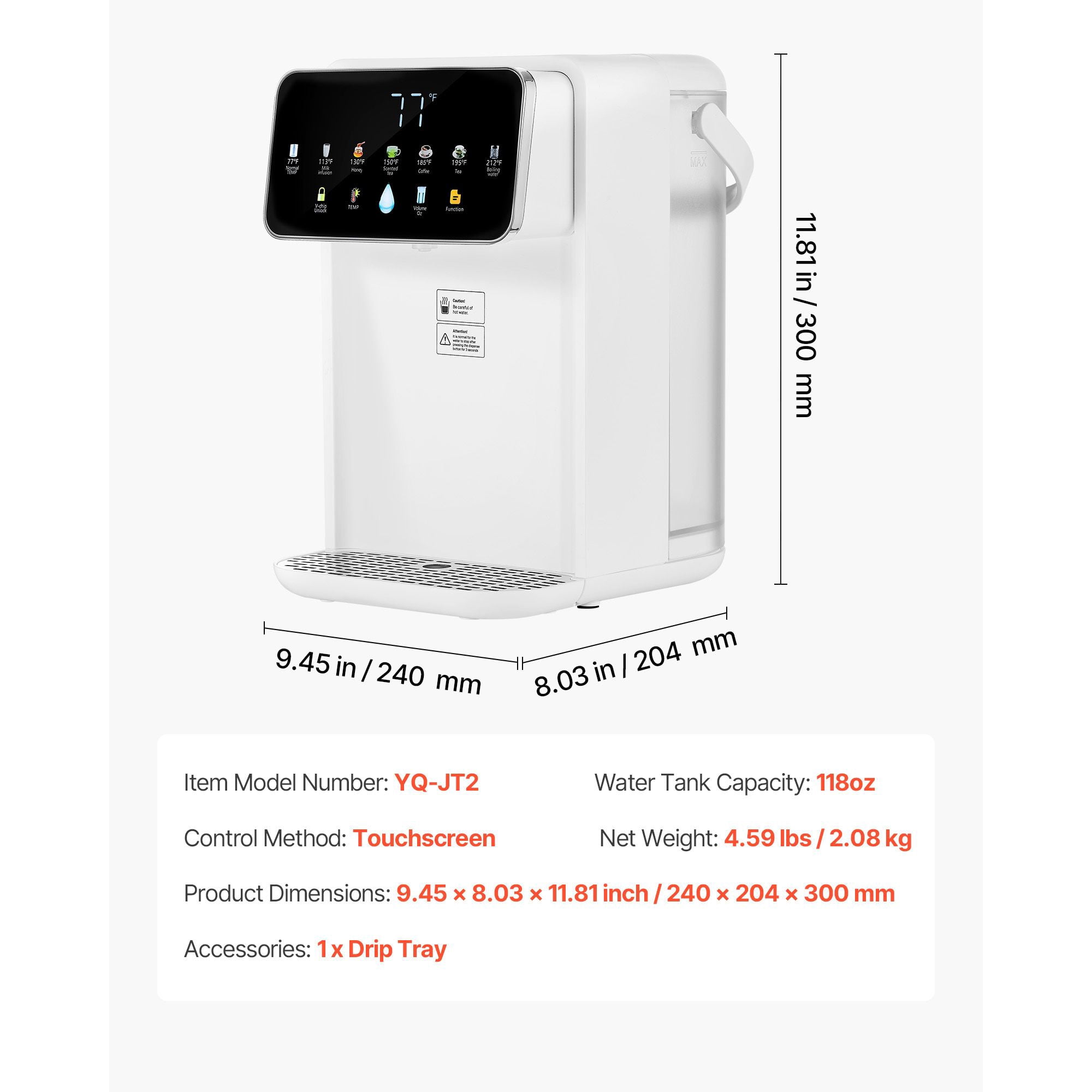 Instant Hot Water Dispenser, 7 Temperatures & 7 Volumes, 118oz Tank, Touchscreen with Child Lock