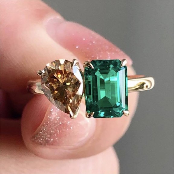 New 14K Gold Plated Women's Engagement Double Stone Ring Emerald and Pear Cut Champagne Eternal Cubic Zirconia Wedding Promise Ring