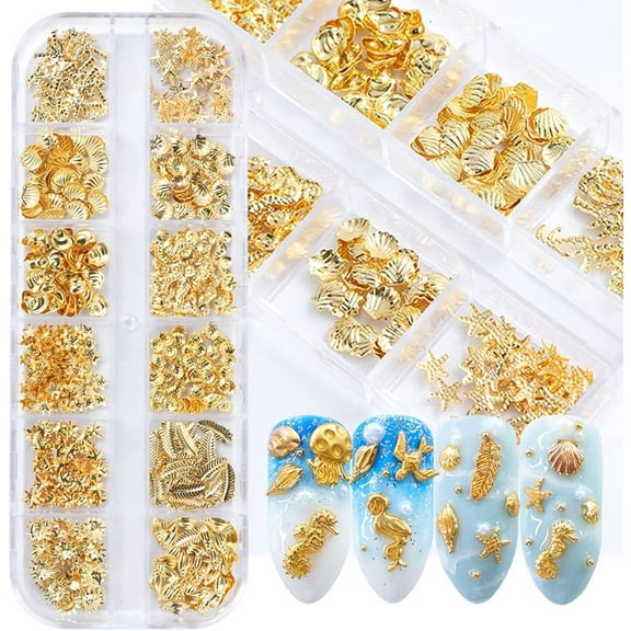 3D Metal Nail Decals - 12 Shapes, Holographic Glitters & Sequins Gold Art Supplies Kit - Seahorse, Leaf, Starfish Nails Charms & Sparkles for Acrylic Designs