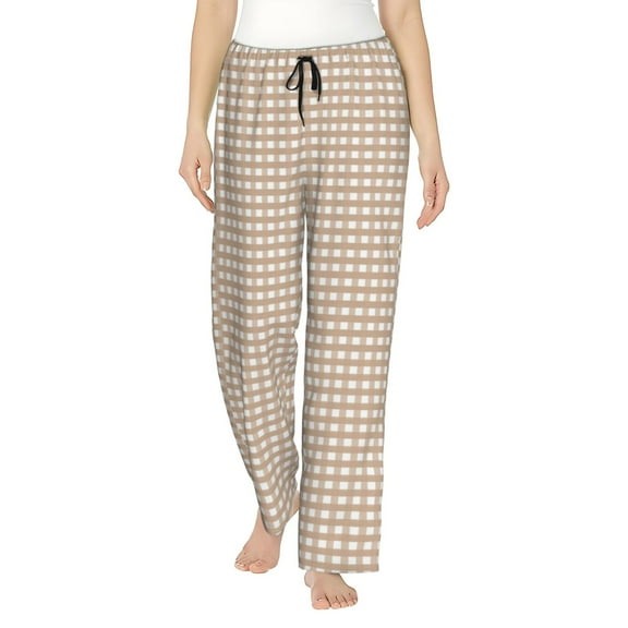 Logiee Brown Gingham Print Women Pajama Pants,Comfy Pj Bottom with Pockets & Drawstring,Stretch Casual Sleepwear-Small