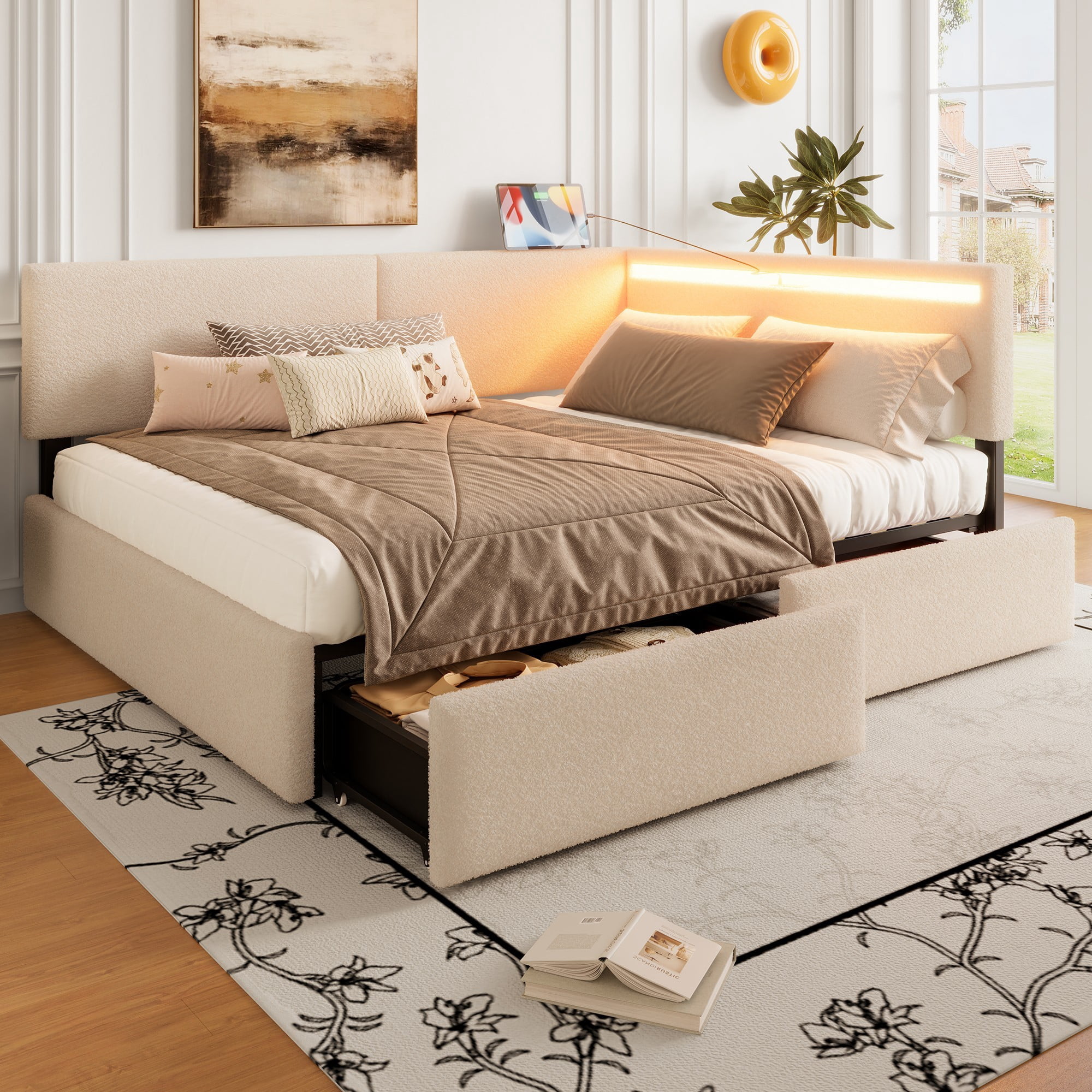 Leumius Full Size Boucle Daybed Frame, Upholstered Cloud Bed Frame with Headboard, 2 Storage Drawers, LED light and USB Charging Design, Solid Wood Legs and Slats for Bedroom Guest Room Beige