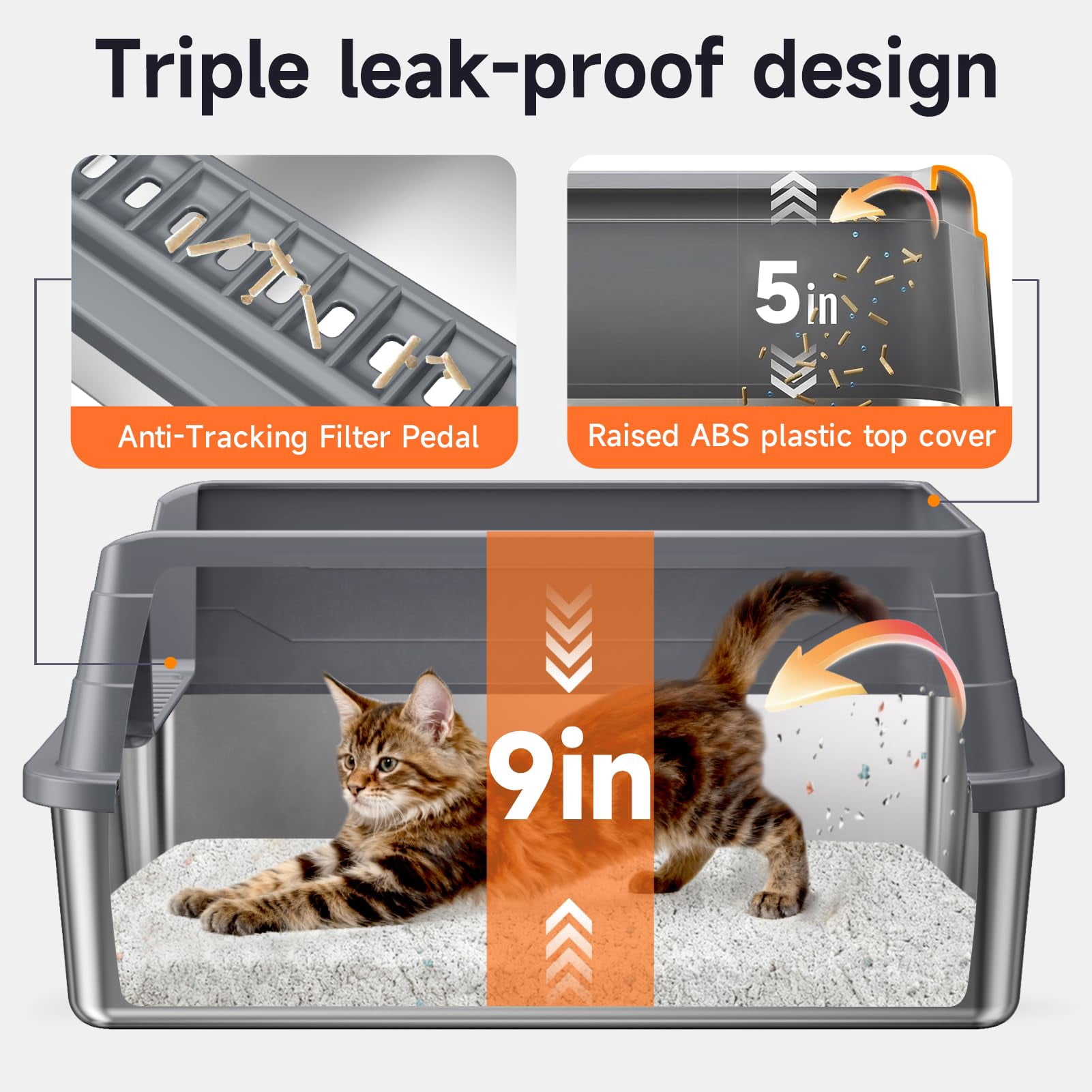 Stainless Steel Cat Litter Box with High Sides and Open Top, Odor Control, Easy Cleaning Scoop Included, Anti-Scratch, Leak Resistant, Non-Stick Pet Litter Pan