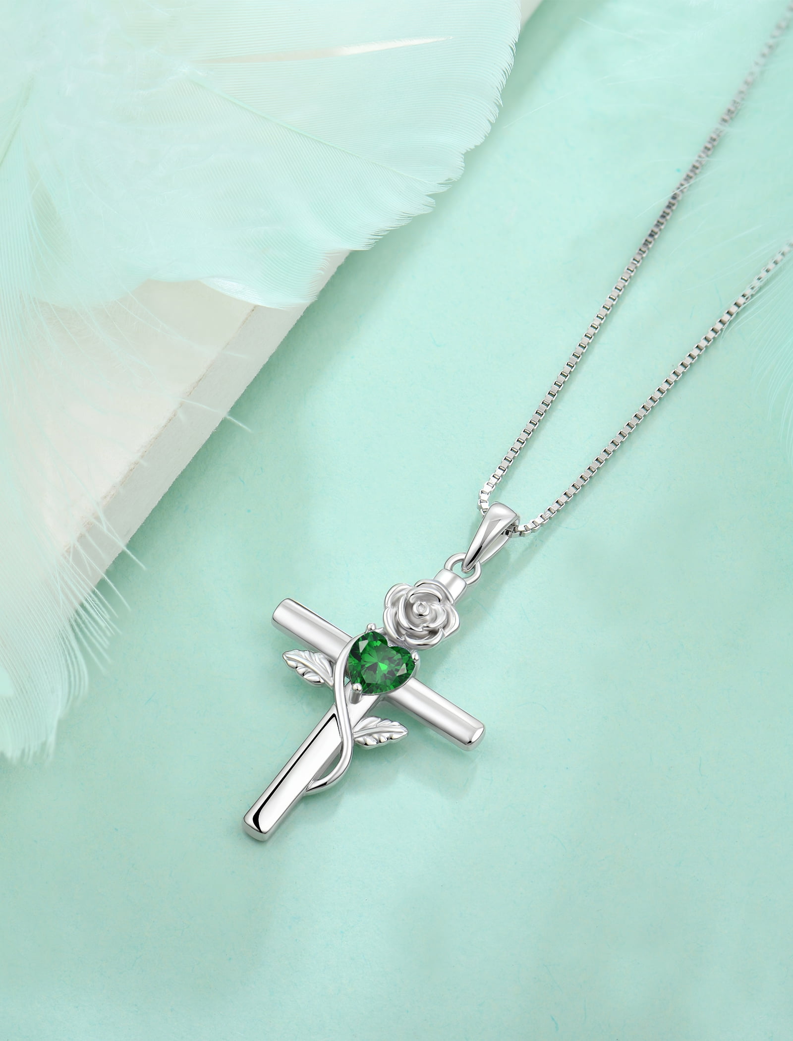 VESITIM Cross Pendant Necklace Sterling Silver Infinite Rose Flower Necklace Women Faith Jewelry Gift with May Birthstone Created Emerald