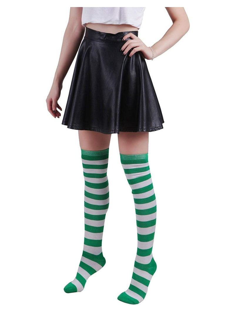 HDE Women's Green and White Striped Socks Over Knee High Extra