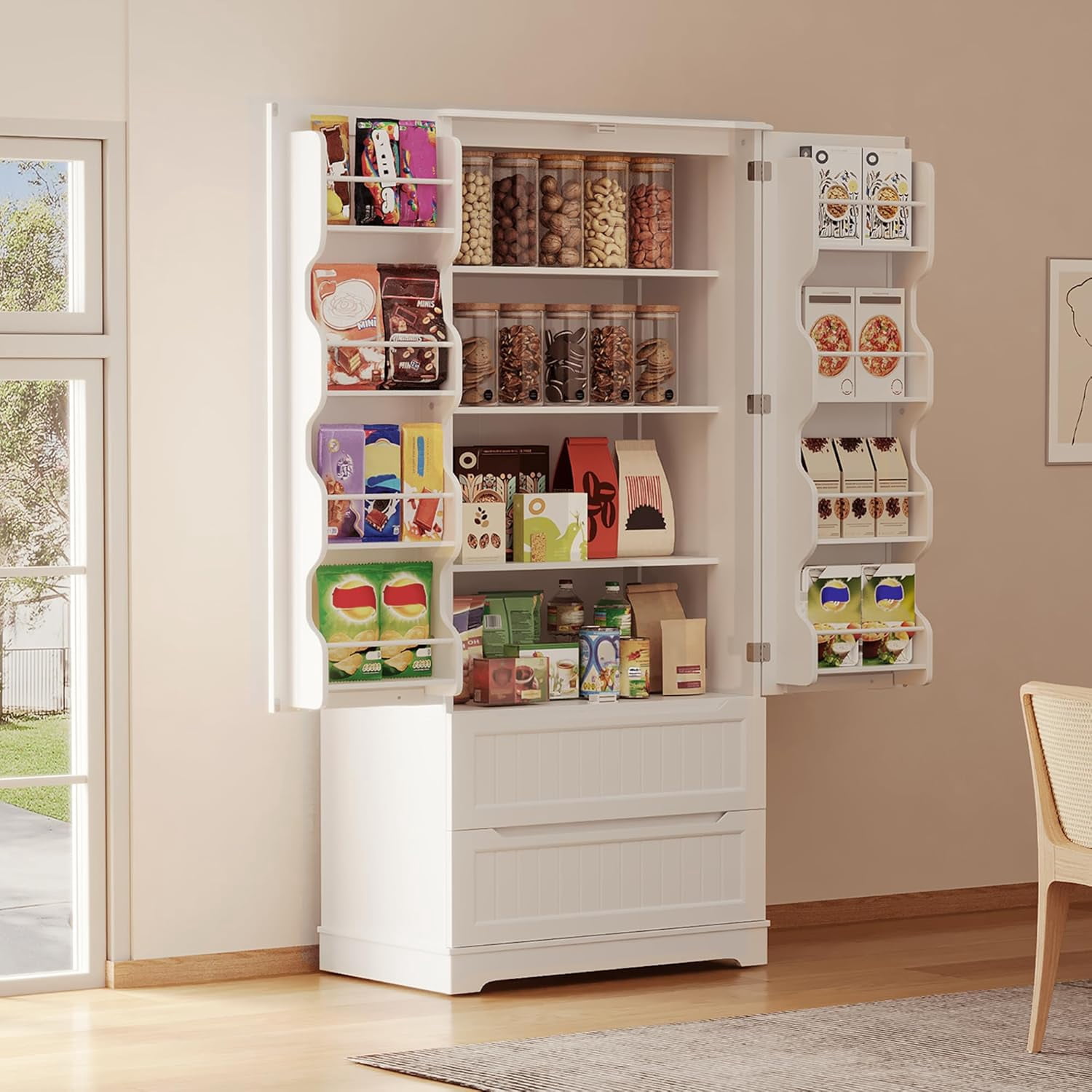 71" Tall Kitchen Pantry Cabinet with Drawers for Dining Room, Noelse Food Pantry Storage Cabinet with 8 Door Shelves for Snack and Spice, Large Craft Storage Cabinet for Craft Room, White, Painted