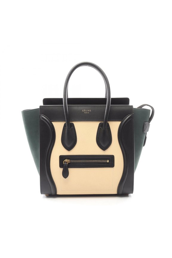 Pre-Owned Celine Luggage Micro Shopper Tote Bag Handbag Leather Suede Women's Black Beige Green
