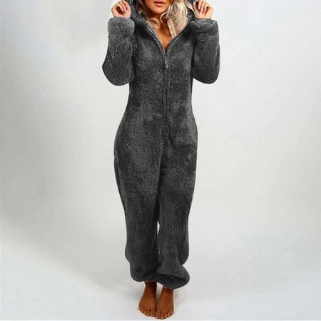 

Fleece Pajamas for Women Winter Warm Sherpa Romper Non-footed Onesie Loungewear Pajama One Piece Furry Thermal Teddy Jumpsuit